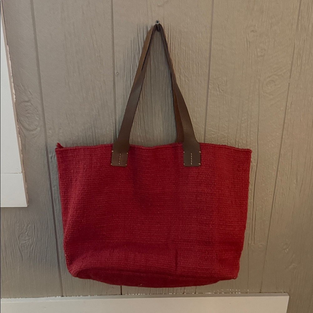 Red Tote Bag with Brown Handles